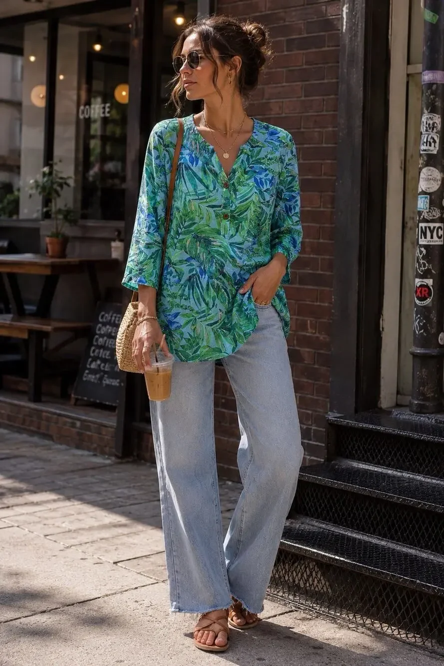 J. Jill 100% Cotton Blouse Tunic 3/4 Sleeves Tropical Resort Boho Sz L - Picture 1 of 7